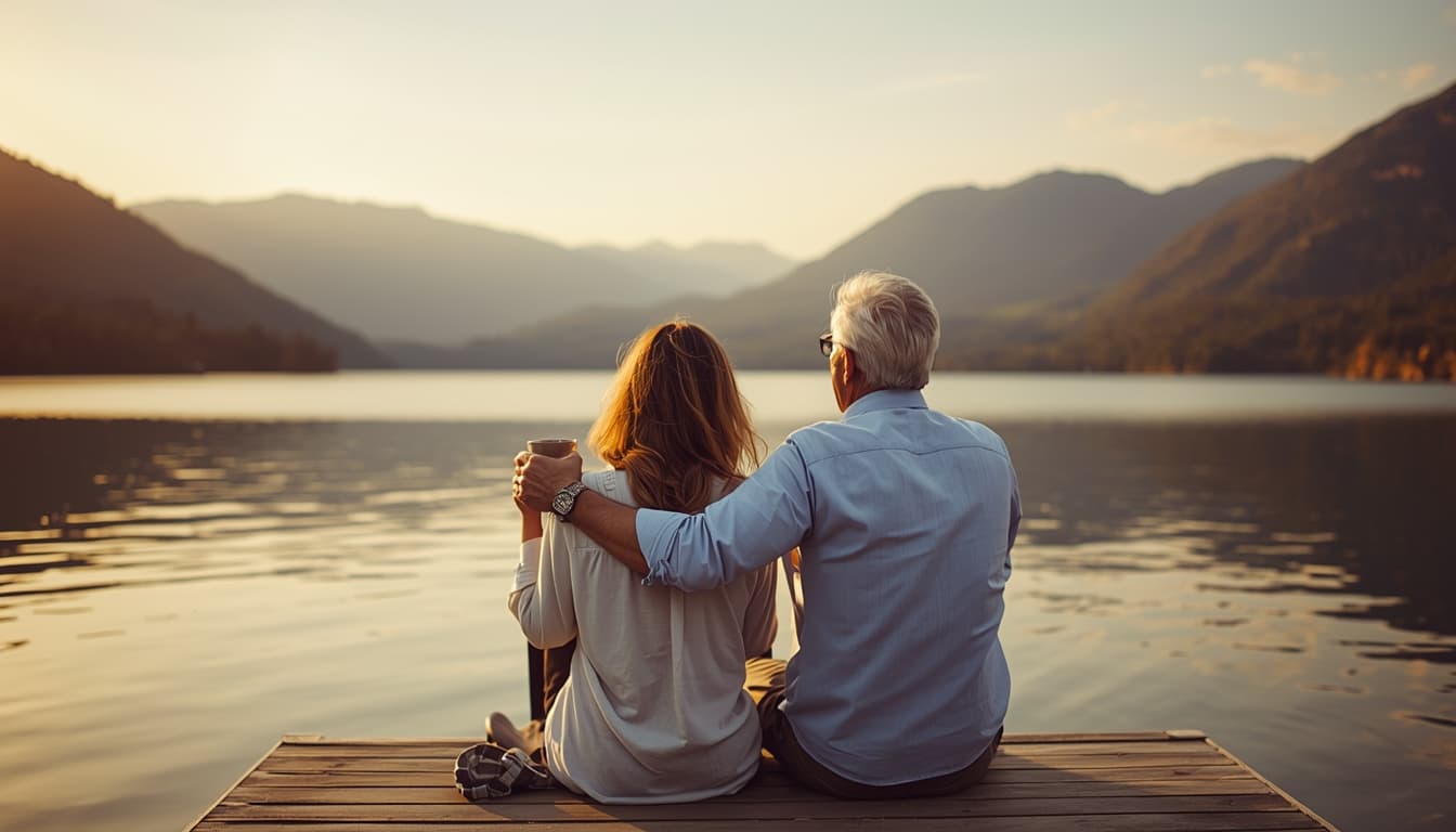Couple relaxing by a lake at sunset
