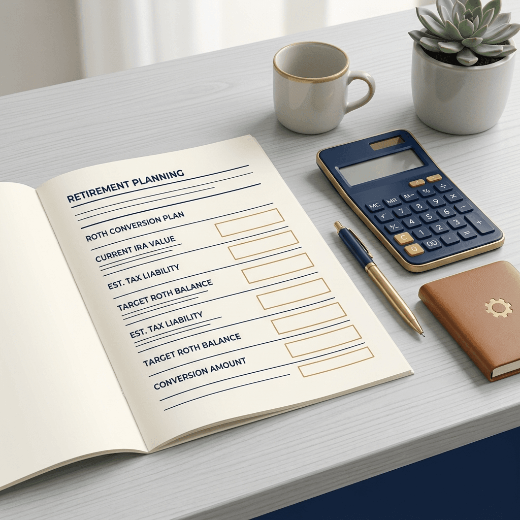 Preview of the Roth Conversion Cheat Sheet worksheet beside a calculator and pen