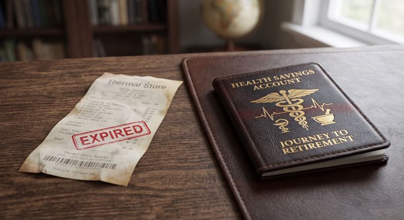 On the left (representing the FSA), a thermal paper store receipt is curled up, with the ink visibly fading and "EXPIRED" stamped in faint red. On the right (representing the HSA), a sturdy, high-quality leather-bound passport sits prominently, with gold-embossed medical symbols instead of a national crest.