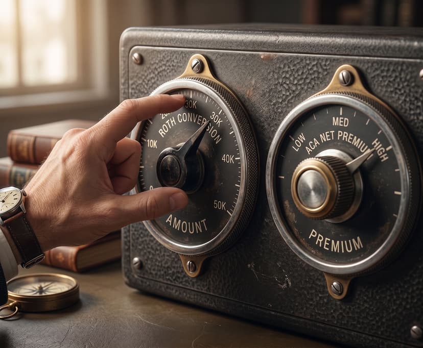 A hand adjusting a dial called Roth Conversion on a vintage radio.